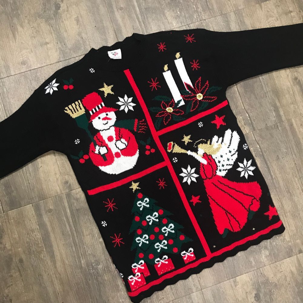 Vintage Nutcracker Christmas Sweater Women Large Made In USA Snowman Angel Tree
